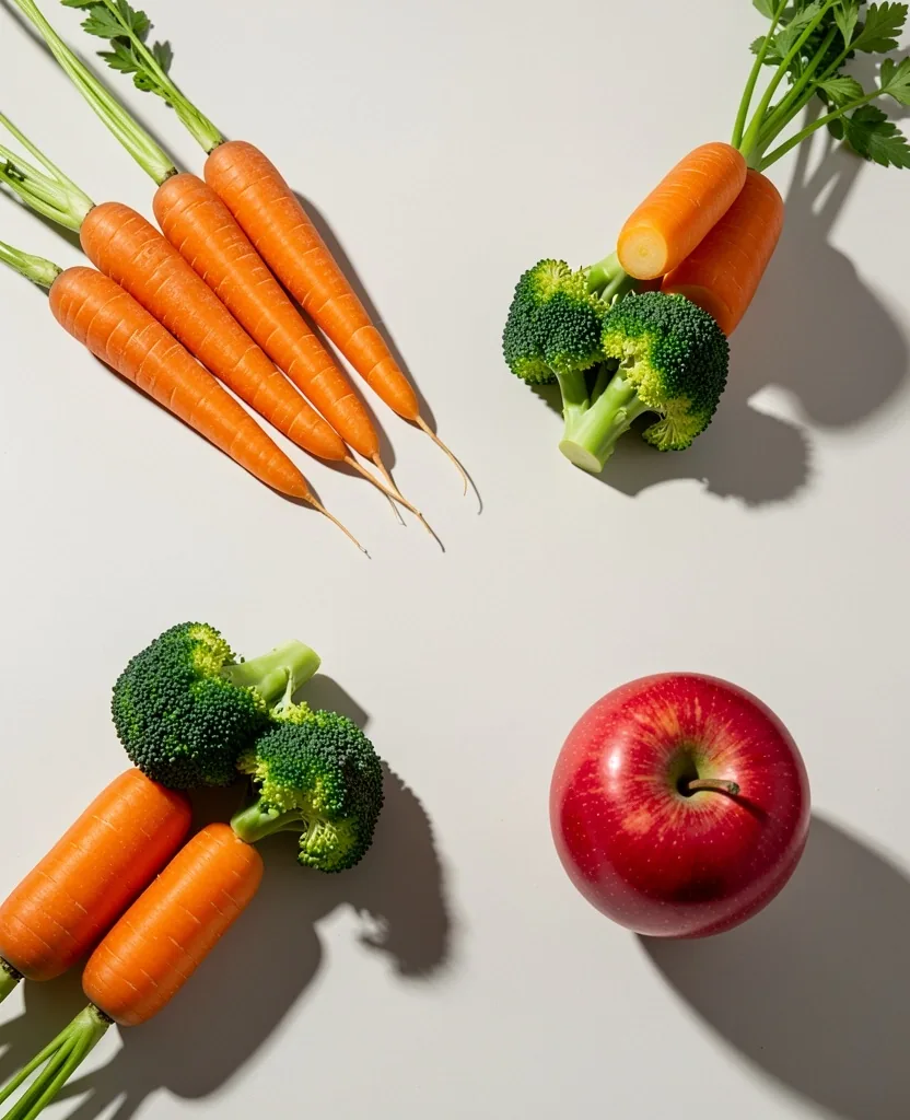 Composición artística de vegetales frescos y frutas